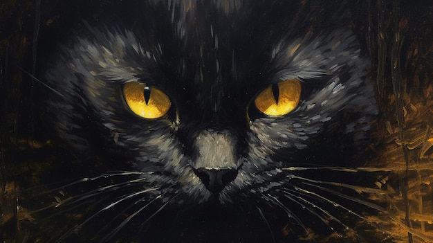Una pintura de un gato con la cara negra y amarilla.