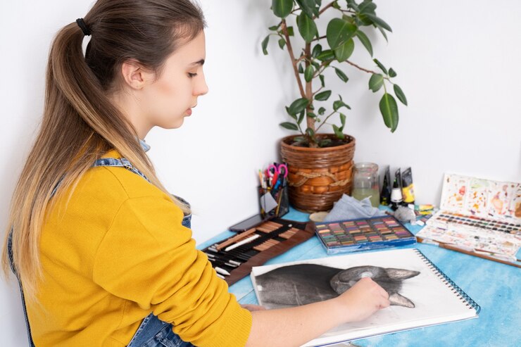 Foto pintura gato en carboncillo sobre fondo azul