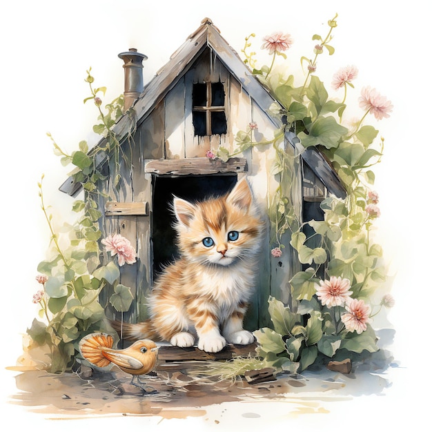 una pintura de un gato y una casa de pájaros con un gato dentro