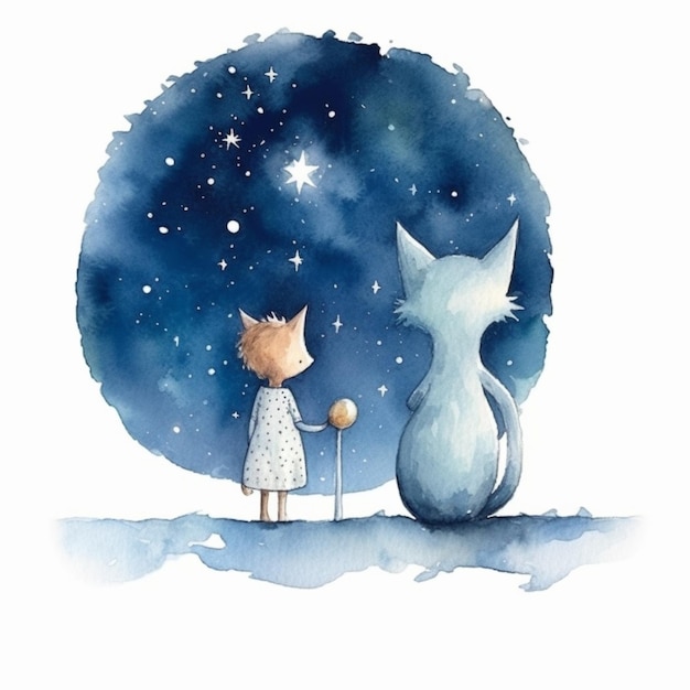 Pintura de un gato y una chica mirando las estrellas generativo ai
