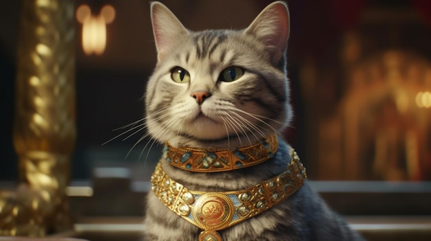 Una pintura de un gato con un collar de oro y un collar de oro Ilustración 3D AI generativa