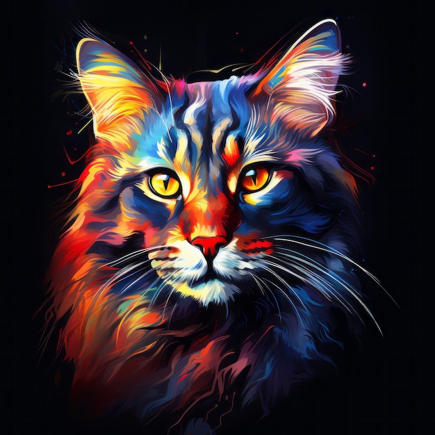 una pintura de un gato colorido sobre un fondo negro