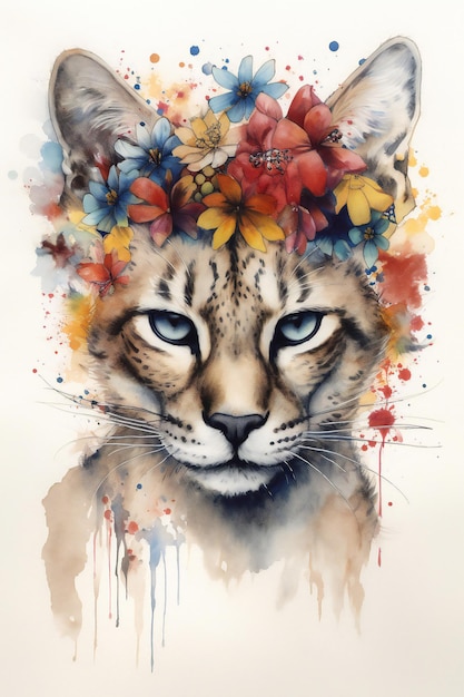 Una pintura de un gato con una corona de flores en la cabeza.