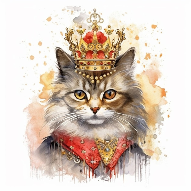 Pintura de un gato con corona y pañuelo rojo ai generativo