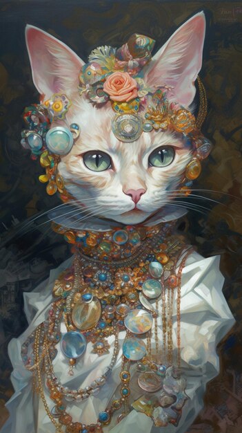 Una pintura de un gato con una corona de perlas.