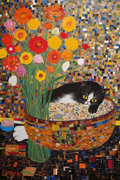 Una pintura de un gato en un cuenco con flores.