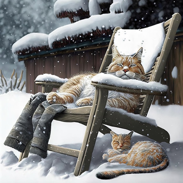 Una pintura de un gato durmiendo en la nieve.