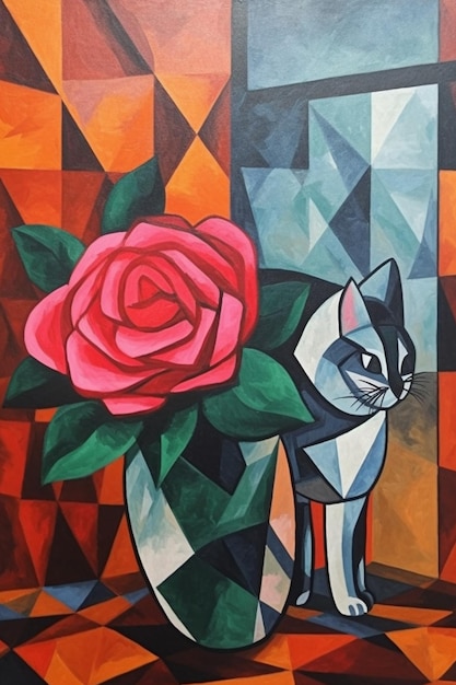 Una pintura de un gato y una flor.