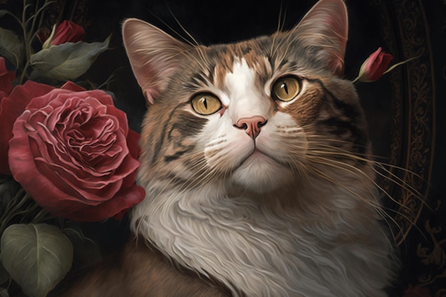 Una pintura de un gato con flores.