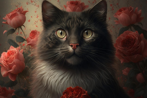 Una pintura de un gato con flores.