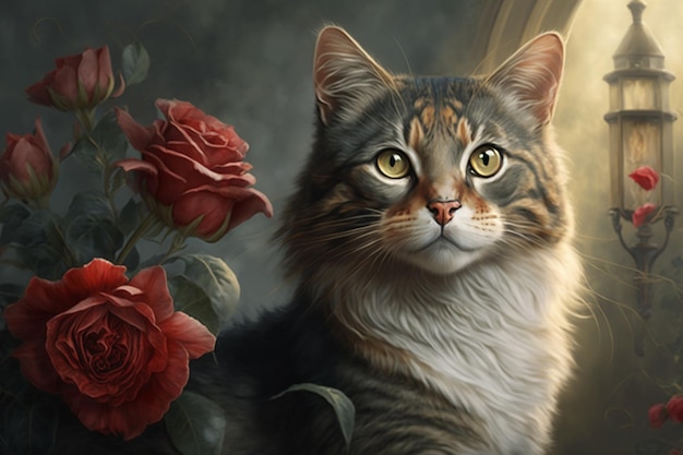 Una pintura de un gato con flores.