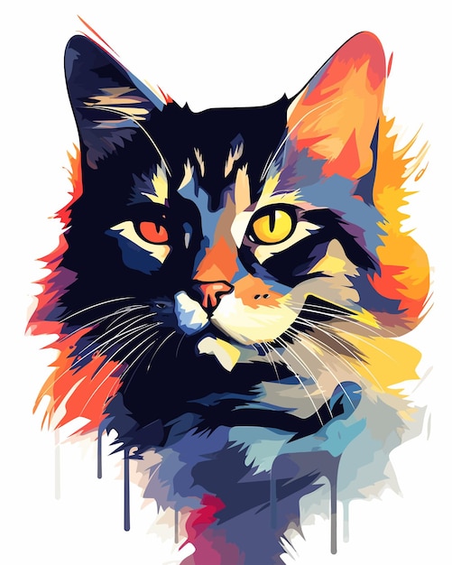 una pintura de un gato con un fondo azul y un gato rojo y blanco