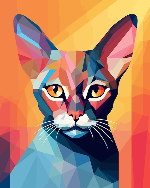 una pintura de un gato con un fondo azul y un gato rojo y blanco