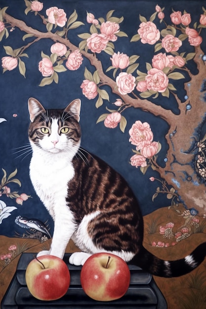 Una pintura de un gato con un fondo floral.