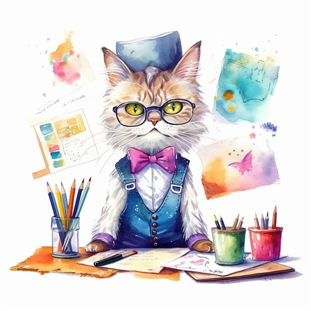 Pintura de un gato con gafas y una pajarita sentado en un escritorio generativo ai