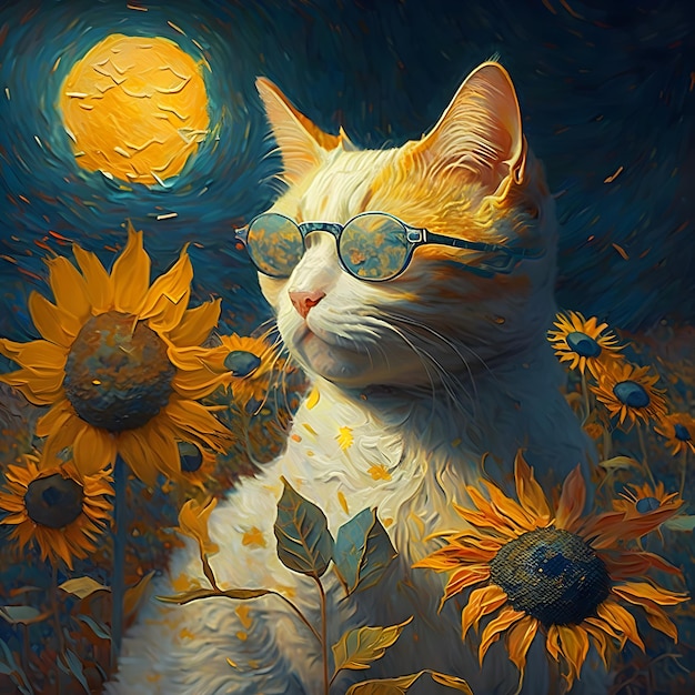 Una pintura de un gato con gafas de sol y girasoles.