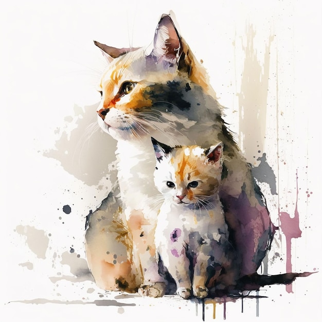 Una pintura de un gato y un gatito.