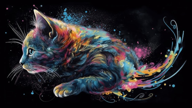 Una pintura de un gato con un gato negro en él.