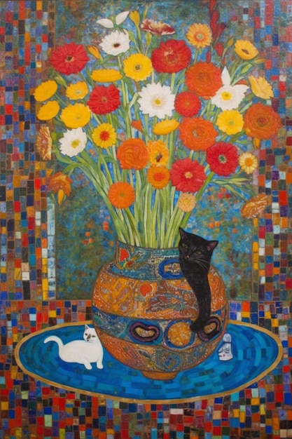 Una pintura de un gato y un jarrón de flores con un gato.