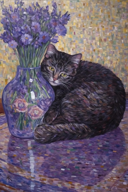 Una pintura de un gato y un jarrón de flores sobre una mesa.