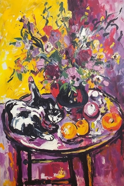 Una pintura de un gato y un jarrón de flores sobre una mesa.