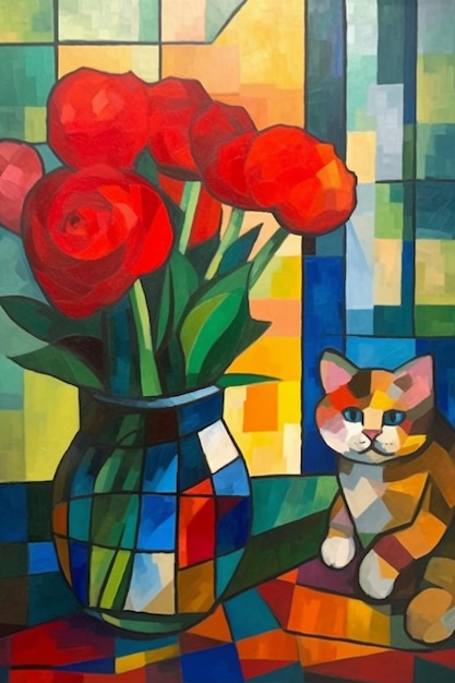 Una pintura de un gato y un jarrón de flores.