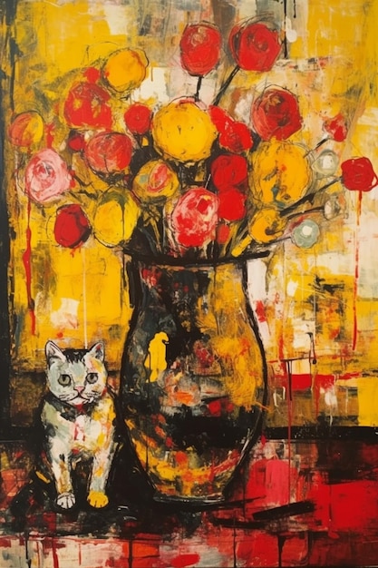 Una pintura de un gato y un jarrón de flores.