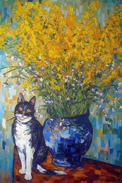 Una pintura de un gato y un jarrón de flores.