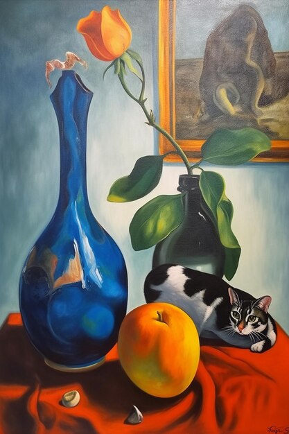 Una pintura de un gato y un jarrón con una naranja.