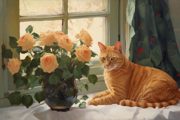 Una pintura de un gato junto a un jarrón de rosas.