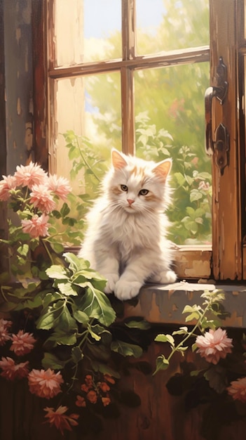 Una pintura de un gato junto a una ventana.