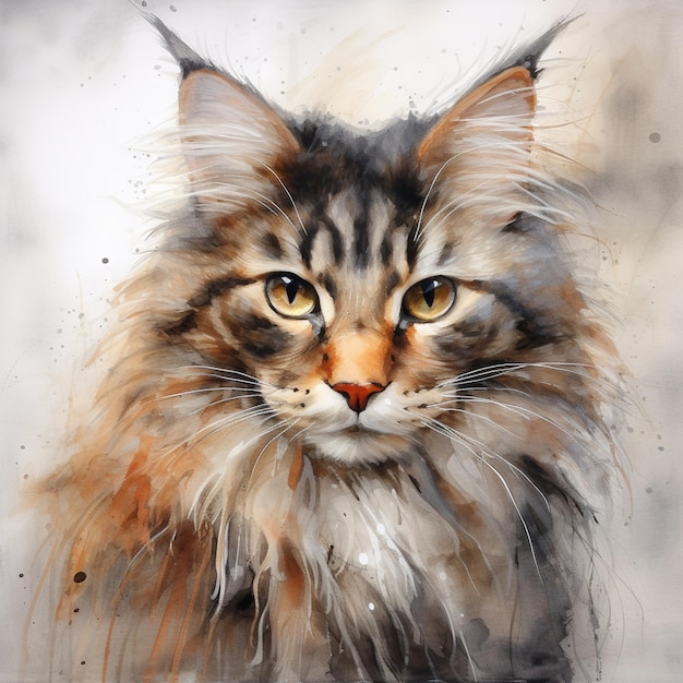 pintura de un gato con una larga melena y ojos amarillos ai generativo