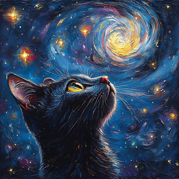 pintura de un gato mirando las estrellas en el cielo