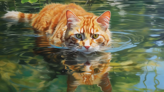 Una pintura de un gato nadando en el agua.