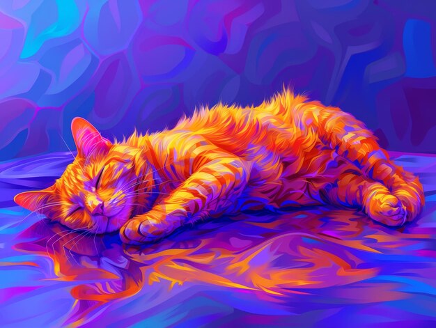 Una pintura de un gato naranja acostado en un fondo púrpura