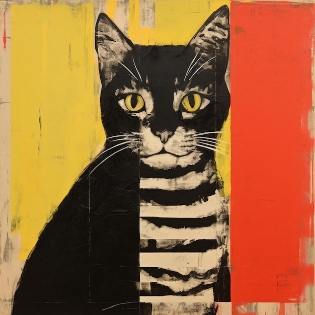 pintura de un gato negro con una camisa a rayas en un fondo amarillo y rojo