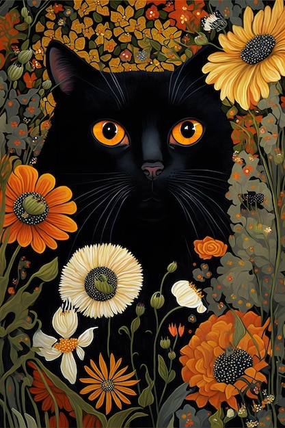 Una pintura de un gato negro con una corona en la cabeza.