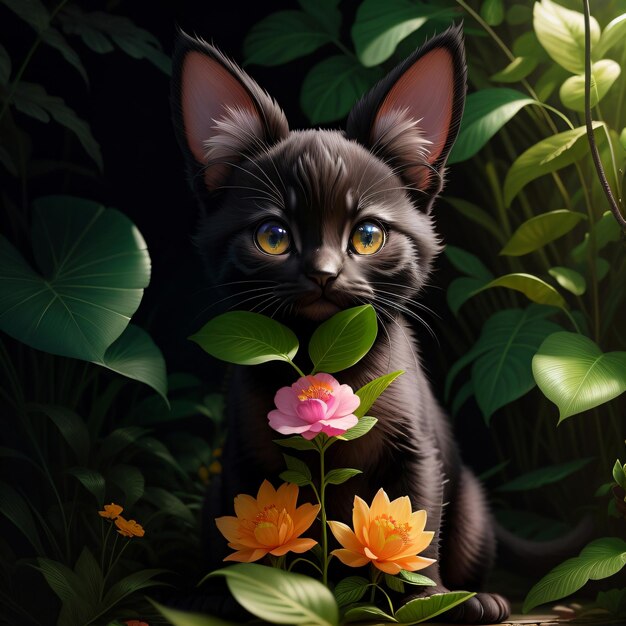 Una pintura de un gato negro con una flor rosa en el medio.