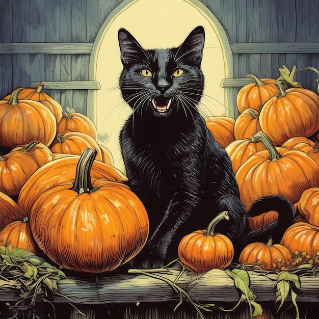 Foto una pintura de un gato negro con un gato negro frente a un parche de calabaza