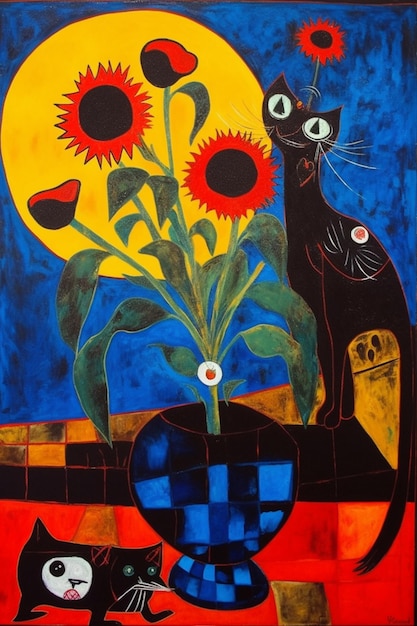 Una pintura de un gato negro y girasoles.