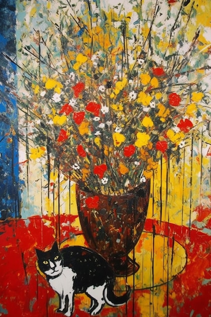 Una pintura de un gato negro y un jarrón de flores.