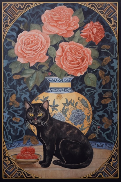 Una pintura de un gato negro y un jarrón de rosas.