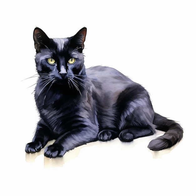 pintura de un gato negro con ojos amarillos acostado ai generativo