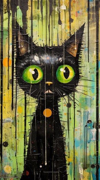 Foto pintura de un gato negro con ojos verdes y ojos amarillos generativo ai