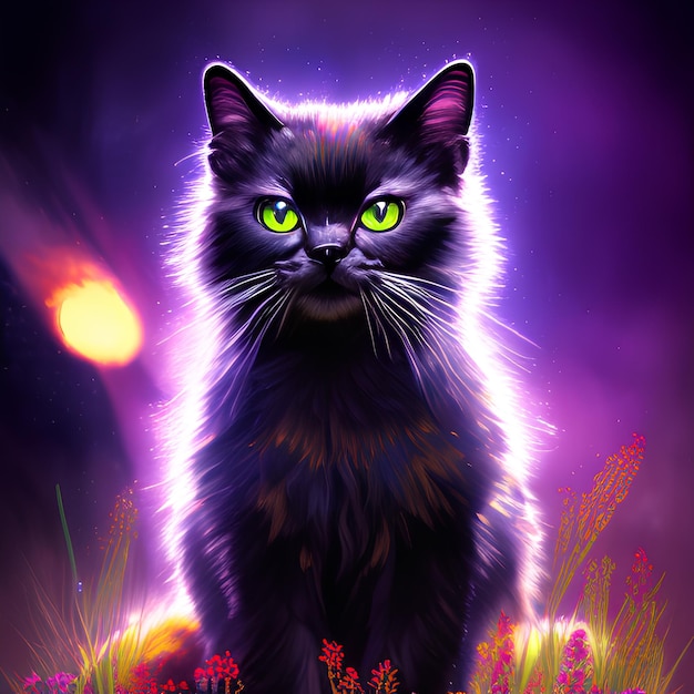 Una pintura de un gato negro con ojos verdes se sienta en un campo de flores.