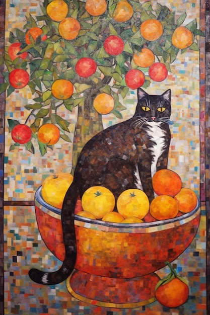 Una pintura de un gato negro sentado en un plato de frutas.