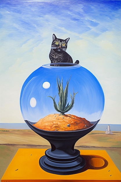 Una pintura de un gato negro sobre una mesa con un cuenco de cactus.