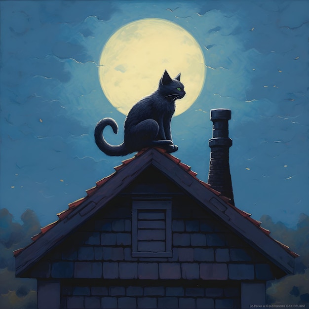 Foto una pintura de un gato negro en un techo con la luna en el fondo.