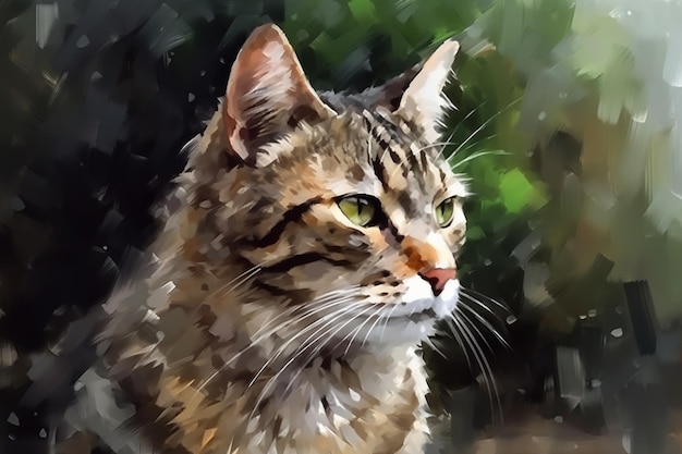 Una pintura de un gato con un ojo verde.