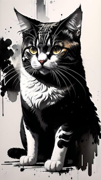 Una pintura de un gato con ojos amarillos.